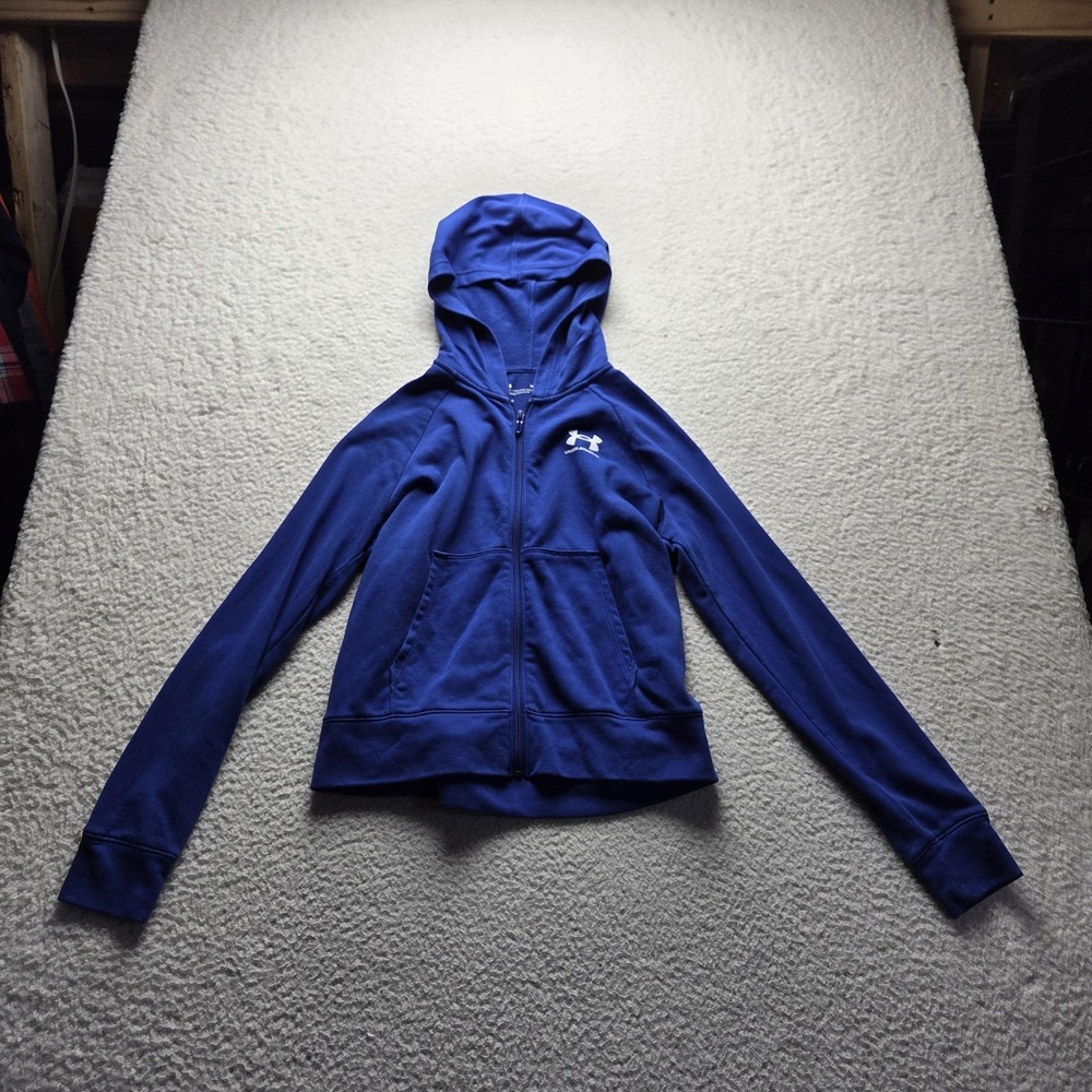 Under Armour Hoodie Womens Small Blue Fleece Full Zip Logo Pockets Raglan Sleeve